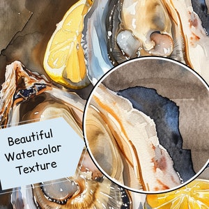 May include: Watercolor painting of oysters and lemon slices. The artwork features a close-up view with a beautiful watercolor texture. The oysters are depicted in shades of beige, gray, and brown, with a bright yellow lemon slice adding a pop of color.
