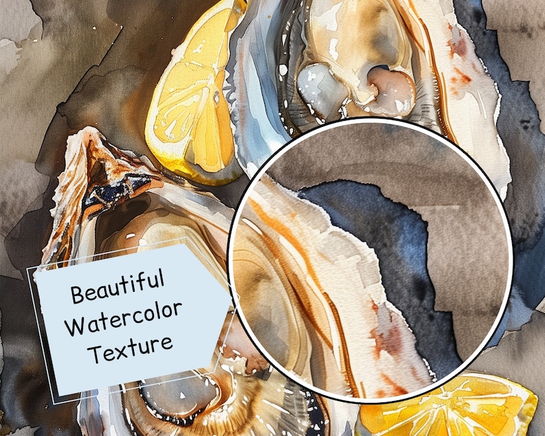 May include: Watercolor painting of oysters and lemon slices. The artwork features a close-up view with a beautiful watercolor texture. The oysters are depicted in shades of beige, gray, and brown, with a bright yellow lemon slice adding a pop of color.