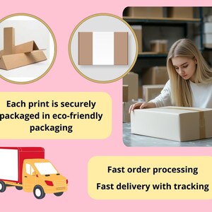 May include: A collage featuring triangular and rectangular cardboard packaging materials, a person sealing a brown cardboard box, and a yellow delivery truck. Text states: Each print is securely packaged in eco-friendly packaging, Fast order processing, Fast delivery with tracking.
