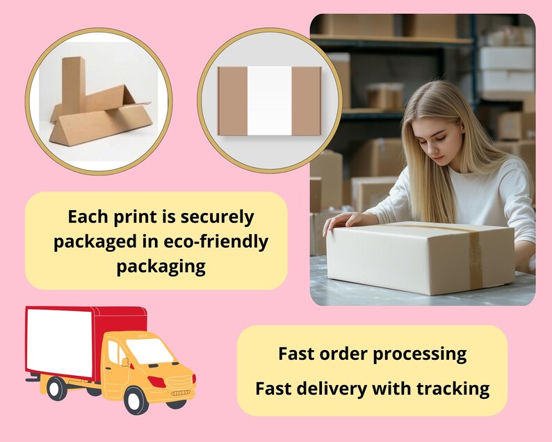 May include: A collage featuring triangular and rectangular cardboard packaging materials, a person sealing a brown cardboard box, and a yellow delivery truck. Text states: Each print is securely packaged in eco-friendly packaging, Fast order processing, Fast delivery with tracking.