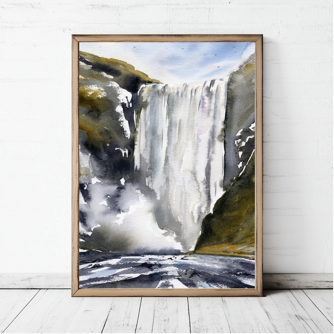 Skogafoss Art Icelandic Waterfall Landscape Watercolor Painting Print ...