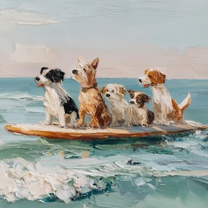 May include: An oil painting featuring five dogs of various breeds and colors sitting together on a long surfboard. The dogs are positioned on the board amidst turquoise ocean waves under a pale sky. The artwork uses thick, visible brushstrokes.