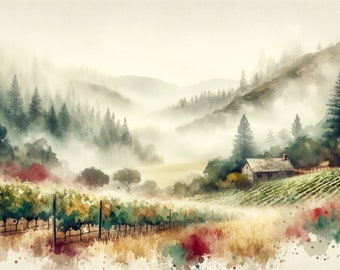 Napa Valley Art Vineyard Print Landscape California Vineyard Cottage Painting Print Extra Large Watercolor Poster