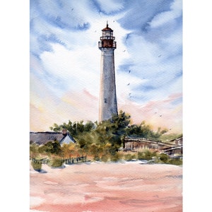 Lighthouse Painting Cape May PRINT Cape May Point Print New Jersey Coast Watercolor