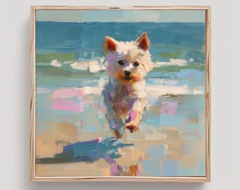 May include: An oil painting in a wooden frame depicting a small white dog running on a sandy beach near the ocean. The artwork features thick, visible brushstrokes in shades of blue, tan, white, and pink, capturing the movement of the dog.