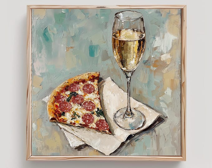 Pizza and Wine Art Print From an Original Impasto Oil Painting