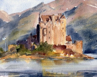 Eilean Donan Castle Art Scottish Watercolor Painting Print