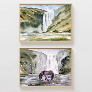Iceland Painting Skogafoss Art Large Print Icelandic Waterfall Wall Art Iceland Travel Poster Set of 2 Prints