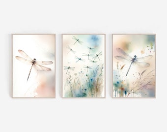 Dragonfly Meadow Art Dragonfly Print Neutral Wildflowers Watercolor Painting Set of 3 Prints