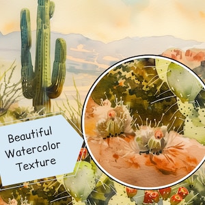 May include: Watercolor painting of a desert landscape featuring a large saguaro cactus and prickly pear cacti. The artwork has a warm color palette with shades of green, orange, and brown. Text in the image reads "Beautiful Watercolor Texture."