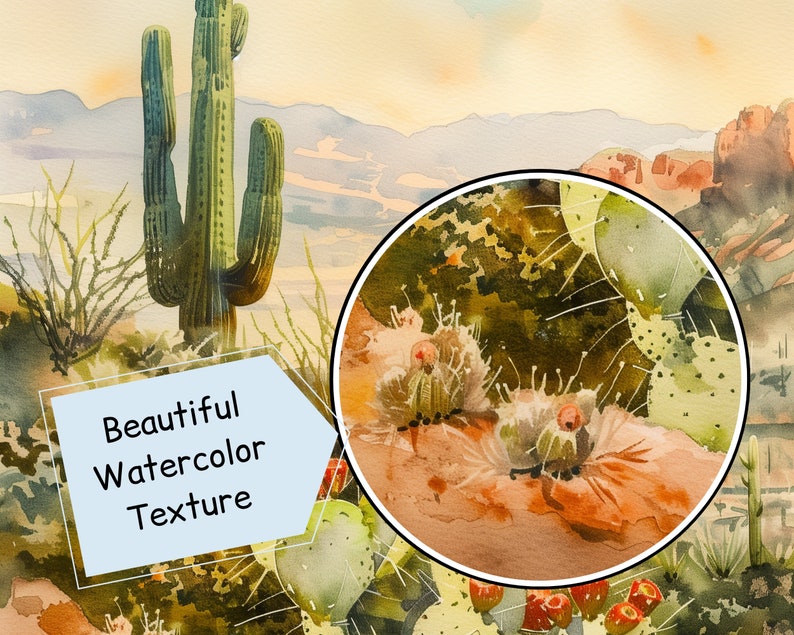 May include: Watercolor painting of a desert landscape featuring a large saguaro cactus and prickly pear cacti. The artwork has a warm color palette with shades of green, orange, and brown. Text in the image reads "Beautiful Watercolor Texture."