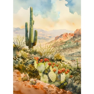 May include: Watercolor painting of a desert landscape featuring a tall saguaro cactus and prickly pear cacti with red flowers. The scene includes distant mountains under a blue and yellow sky, capturing the arid beauty of the Southwest.