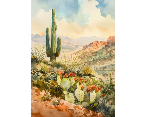 Sonora Desert Art Arizona Cactus Landscape Painting Print Watercolor