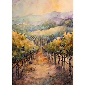 May include: Watercolor painting of a vineyard with rows of grapevines laden with dark grapes. The painting features a warm color palette of yellows, greens, and browns, with a distant mountain range under a soft, hazy sky.