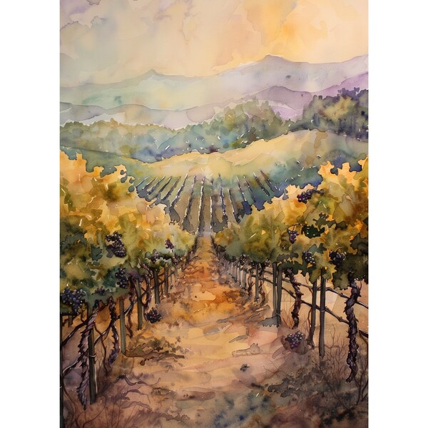 Napa Valley Painting Vineyard Landscape California Fine Art Print America Travel Watercolor Poster