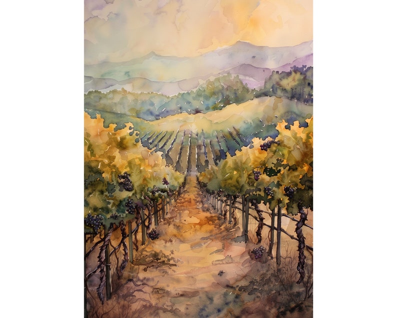 May include: Watercolor painting of a vineyard with rows of grapevines laden with dark grapes. The painting features a warm color palette of yellows, greens, and browns, with a distant mountain range under a soft, hazy sky.