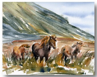 Icelandic Landscape Painting Horse Art Large Print Icelandic Pony Fine Art Wild Horse Wall Art Nordic Landscape Horse with Foal Wall Decor