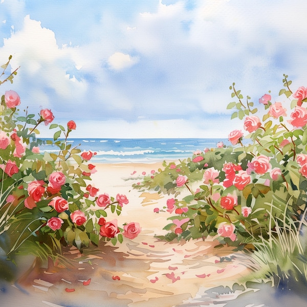 Cape Cod Art Path Beach Rose Painting Print Watercolor