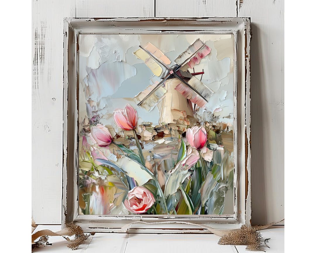 Windmill & Tulip Field Art Print: Netherlands Impasto Oil Painting - Etsy