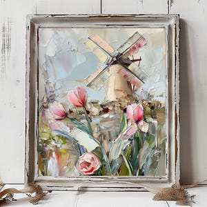 May include: A framed oil painting featuring a windmill in the background and pink tulips in the foreground. The artwork uses thick, textured brushstrokes in shades of pink, green, white, and beige, set within a distressed white wooden frame.