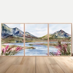 Glencoe Painting Scottish Art Large Print Blooming Heather Fine Art Scottish Mountain Print Cottage Pink Flower Watercolor Set of 3 Prints