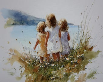May include: Watercolor painting of three young children in white dresses, viewed from the back, standing in a field of wildflowers. They are looking out at a body of water and a distant mountain range.
