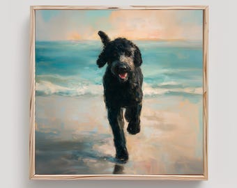 Dibujo de un labradoodle negro en la playa, basado en una pintura al óleo con técnica de empaste original.