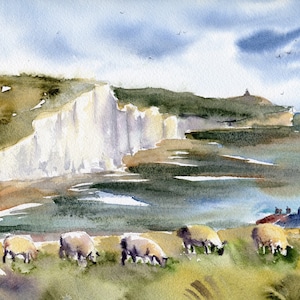 Seven Sisters Painting Beachy Head Art PRINT Sussex England Rural Landscape Sheep Wall Art