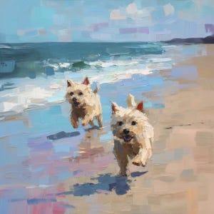 May include: An oil painting shows two small, pale dogs running on a sandy beach. The sea and sky are in the background, painted with broad brushstrokes of blue and white. The painting evokes a sense of joy.