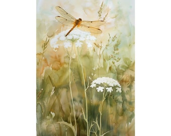 Dragonfly Painting  Queen Anne's Lace Art Single Dragonfly Wall Art White Wildflowers Poster Wild Herbs Watercolor Painting Print