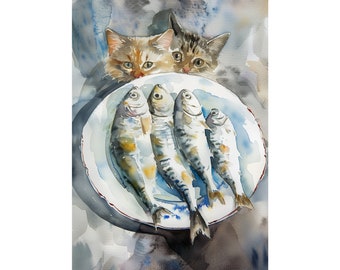 Sardine Art Cat and Fish Painting Print Sardines Still Life Watercolor Poster