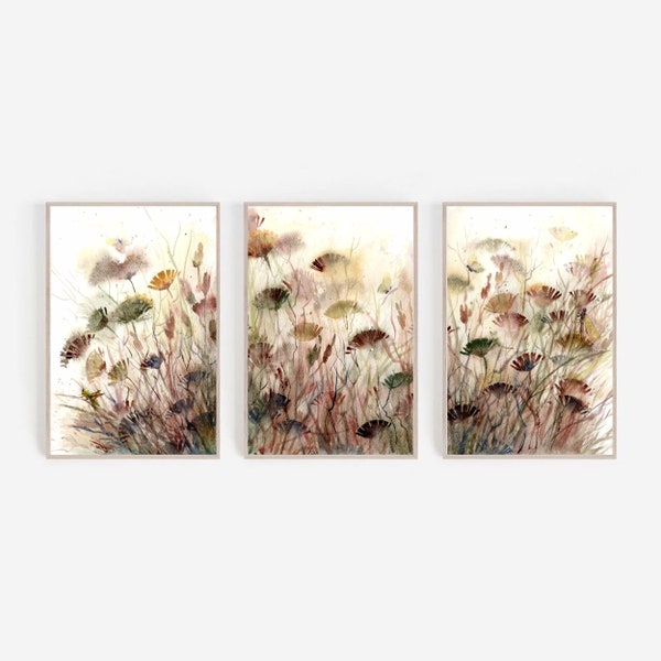 Field Of Wildflowers Art Queen Anne's Lace Painting Print Floral Dragonfly Neutral Set of 3 Prints