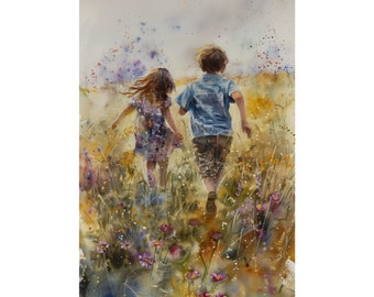 Sibling in Field Painting Brother and Sister Running in Meadow Art Wildflowers Vintage Look Floral Watercolor Painting Print