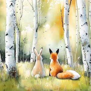 May include: Watercolor painting of a forest scene with birch trees and a fox and rabbit sitting side-by-side. The fox has orange fur and a white-tipped tail. The rabbit is light brown. The background is a mix of green and yellow.
