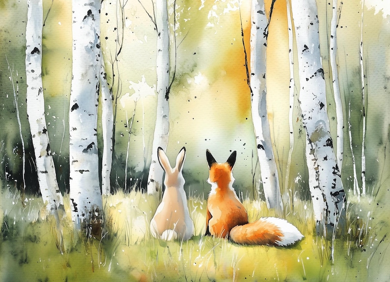 Fox and Bunny Watercolor Art Summer Birch Forest Painting Print - Etsy