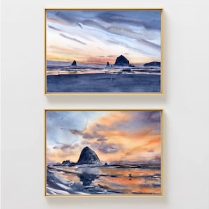 Cannon Beach Painting Haystack Rock PRINT Oregon Coast Large Art Sunset Cannon Beach Seaside Watercolor Set of 2 Prints