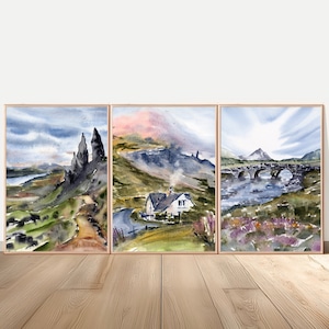 Scotland Painting Isle of Skye Fine Art Large PRINT Watercolor Set of 3 Prints