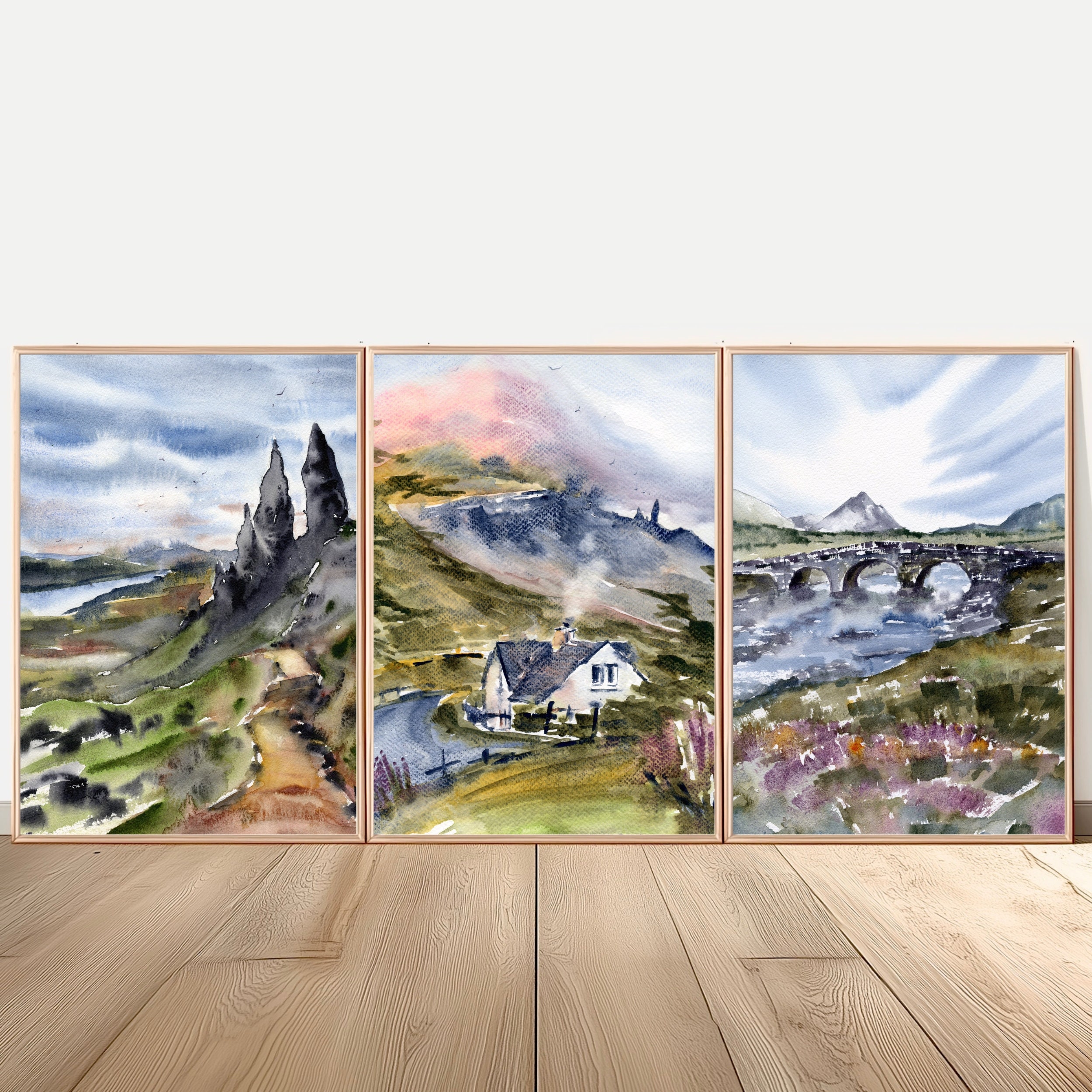 Scotland Painting Isle of Skye Fine Art Large PRINT Watercolor Set of 3 Prints