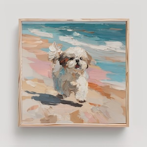 May include: Oil painting of a small, fluffy dog with white and brown fur, walking on a sandy beach. The background features a turquoise ocean with white waves and a light blue sky. The artwork is framed in a light wood frame.