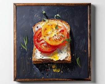 May include: An oil painting in a dark wooden frame depicting a slice of toasted bread topped with white cream cheese and two vibrant tomato slices. The composition features visible brushstrokes, green herbs, and scattered black pepper seasoning.