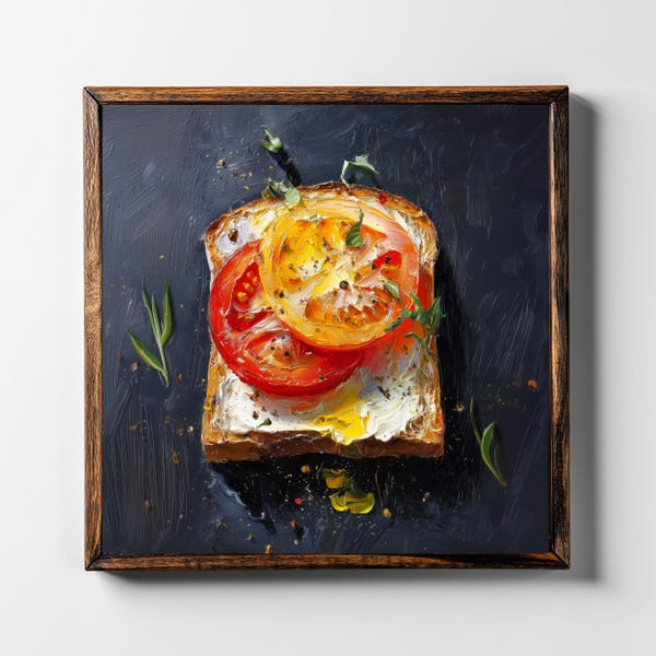 Impresión de sándwich de tomate, comida sureña, pintura al óleo empastada