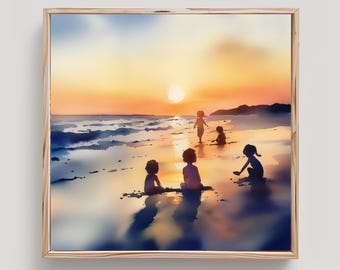 Kids on Beach Art Sibling Painting Print Watercolor