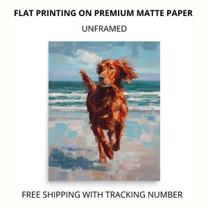 May include: A vibrant painting of a golden retriever dog running on a beach. The artwork features a dynamic composition with the dog in motion, set against a backdrop of ocean waves and a cloudy sky. The text "FLAT PRINTING ON PREMIUM MATTE PAPER" is at the top.