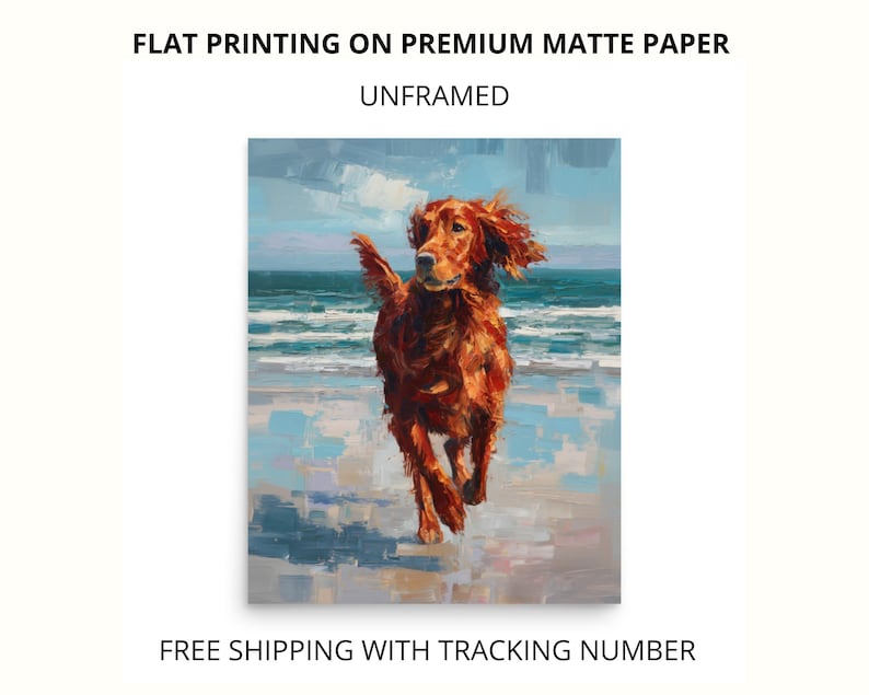 May include: A vibrant painting of a golden retriever dog running on a beach. The artwork features a dynamic composition with the dog in motion, set against a backdrop of ocean waves and a cloudy sky. The text "FLAT PRINTING ON PREMIUM MATTE PAPER" is at the top.