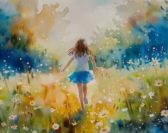 Girl in Field Painting Little Girls Daisy Meadow Wall Art Wildflower Watercolor Painting Print