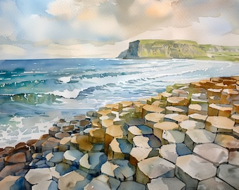 Giant&#39;s Causeway Art Northern Ireland Print County Antrim Painting Print Watercolor