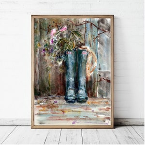 Wellies Rain Boots Painting Wellington Boots Art Large Print Rubber Boots Flowers Watercolor Painting Print