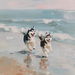 Może przedstawiać: Obraz olejny przedstawiający dwa psy rasy Husky syberyjski biegnące przez płytką wodę morską na piaszczystej plaży. Psy mają czarno-biało-szare futro, a ich języki są widoczne. Scena charakteryzuje się teksturowanymi pociągnięciami pędzla i miękkimi odcieniami.