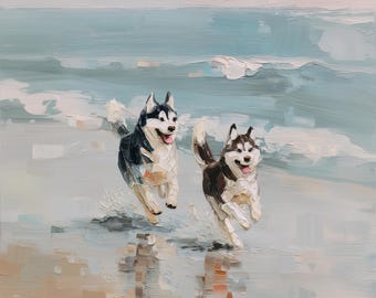 Może przedstawiać: Obraz olejny przedstawiający dwa psy rasy Husky syberyjski biegnące przez płytką wodę morską na piaszczystej plaży. Psy mają czarno-biało-szare futro, a ich języki są widoczne. Scena charakteryzuje się teksturowanymi pociągnięciami pędzla i miękkimi odcieniami.