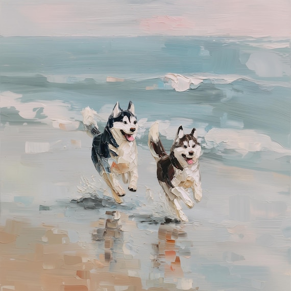 Couple Huskies Art Husky on Beach Print From an Original Impasto Painting